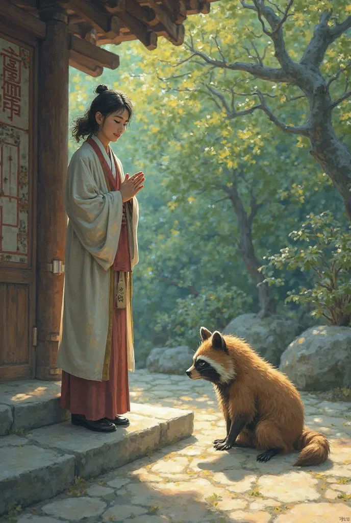 Tanuki　 sad face　SUGARU　pray　Priest