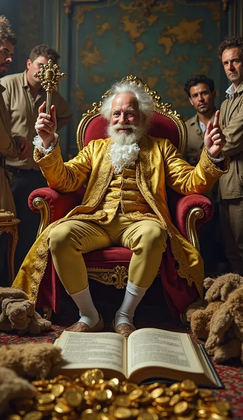 An eccentric man from the 18th century, dressed in a gold coat and holding a scepter, sitting on a luxurious chair in his ornate mansion. Around you, there are piles of gold coins, exotic goods such as wool gloves and, and an open book with chaotic text. H...