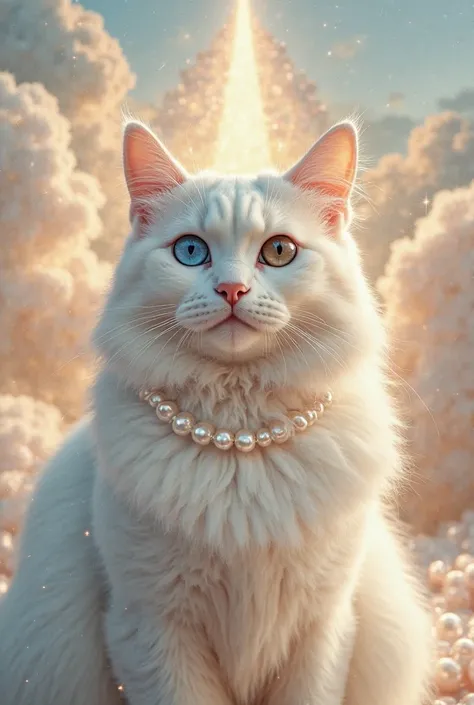 "A majestic white Persian cat with a simple yet elegant single-line pearl necklace draped around its neck. The cat's eyes are mesmerizing—one deep blue on the left and one rich brown on the right, adding to its unique and regal appearance. It is surrounded...