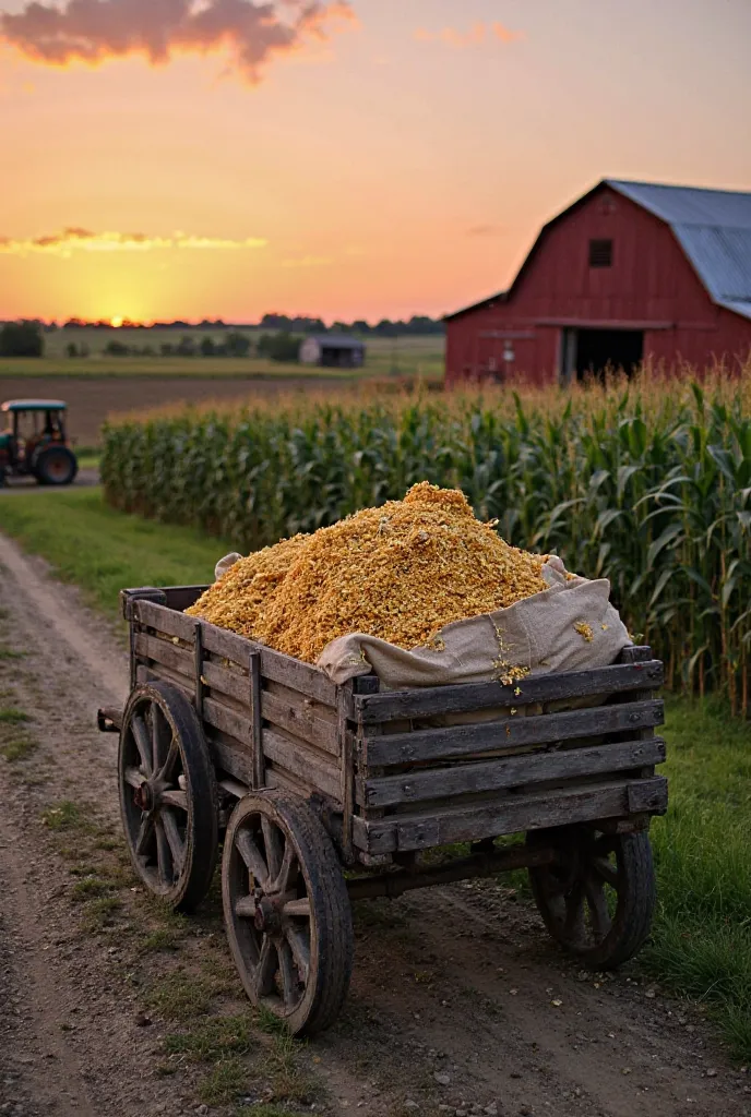 **"A rustic and aged wooden wagon is parked on a farm at dusk, loaded with several bags of corn piled up. The corn bag at the top is slightly torn, revealing golden and shiny grains that flow smoothly, contrasting with the texture rough burlap fabric. The ...