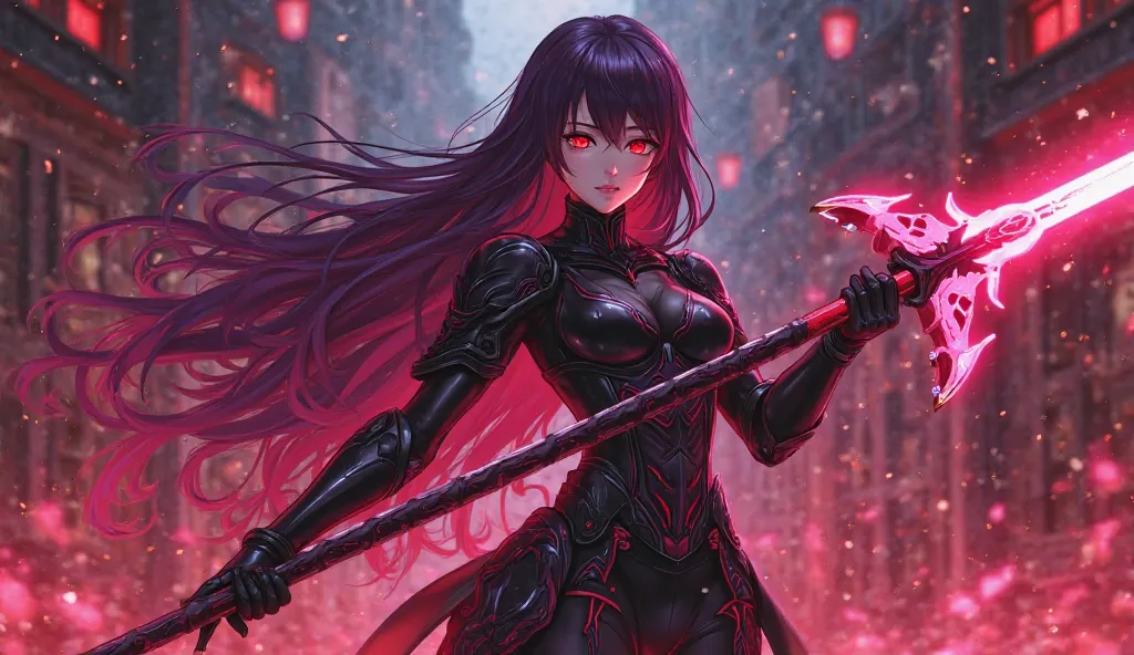 2D anime woman,  crimson eyes, long crimson and purple hair, black and purple armor, Fate Grand Order, 2d animation, Spear in crimson color and anime style