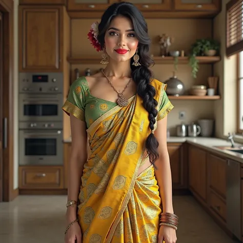 Gorgeous fair mature womens in 30s wearing silk saree, Pleated cap Puff Sleeve Blouses, look ultra realistic human wearing bangle, wearing bindi, large chandelier earrings and necklace, long Hair Braid on right side flower in hair, curvy, busty, hourglass ...