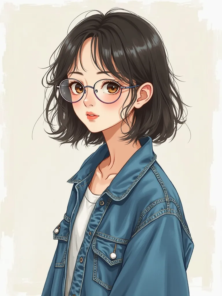 A blue jean, Be a sweathist or a girl with transparent rimmed glasses. Let it be a girl with glasses with transparent frames. Be in the style of drawing