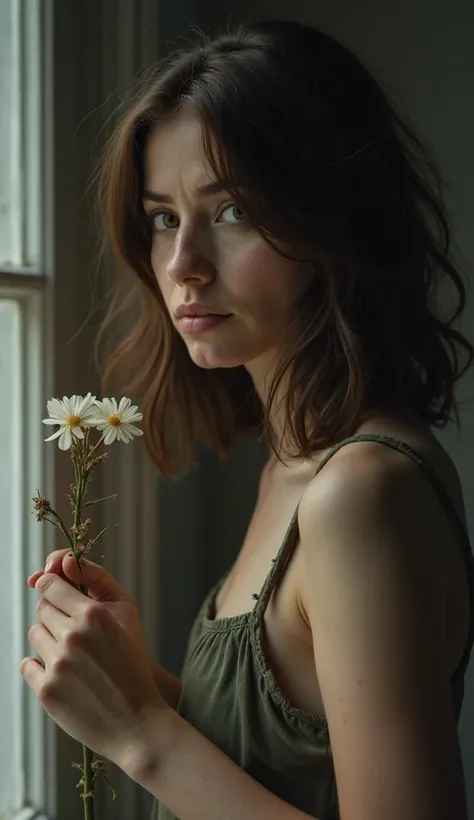 Medium-length brown hair, fair skin with subtle makeup, brown eyes. Same woman standing by a window, holding a delicate, withering flower in her hand. She stares at the flower as if it represents her own fading hope. Her expression is numb, hollow, with a ...