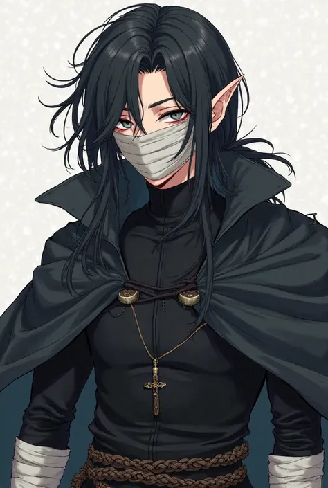 create an anime-style character with a masculine appearance with fair skin and expressive greyish or greenish eyes.  her hair is long, smooth and black , tied partially behind the back,  armor with some loose locks framing the face. He has human ears , sug...