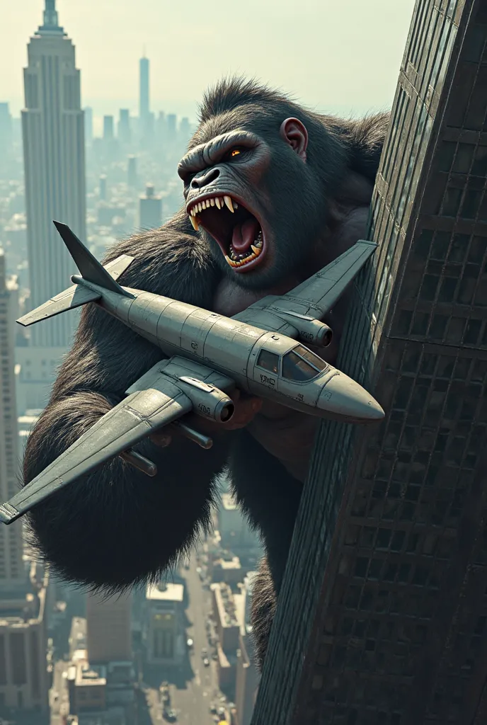 Angry King Kong, hanging as if in profile of a building with one hand, In the other hand he holds an airplane