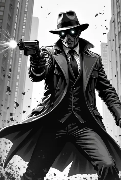 The Rift Agent armed shooting a machine gun in a war torn city sceen, clad in an trench coat, a fedora, and a futuristic mask with a glowing visor. His bulletproof suit conceals weapons, while his gloves interface with Reich tech. Only his tie remains unch...