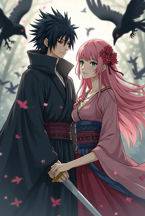 Sasuke Uchiha is a medieval executioner, with black clothes, a sword, crows flying around him, and fatal eyes, he protects Sakura Haruno is a medieval peasant, wearing a medieval peasant dress, with long pink hair, and green eyes, blossom flowers on her ha...