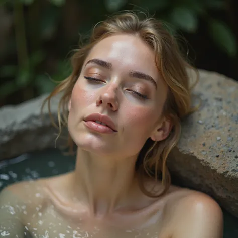 Close-up of a woman bathing naked in a natural hot tub and resting her head on a rock.  The woman is 30 years old ,  he has white skin, has a very small forehead,  almond-shaped and closed eyes , long eyelashes, very thick and dark ,  dark and rounded eyeb...