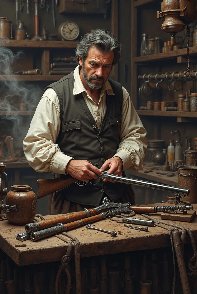 Create an image with the pov of a gunsmith in 1700 