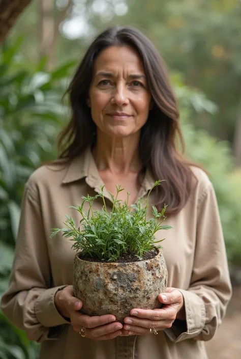 40-YEAR-OLD GIRL HOLDING A PLANTER MADE OF RECYCLED MATERIAL WITH A STRIKING DESIGN