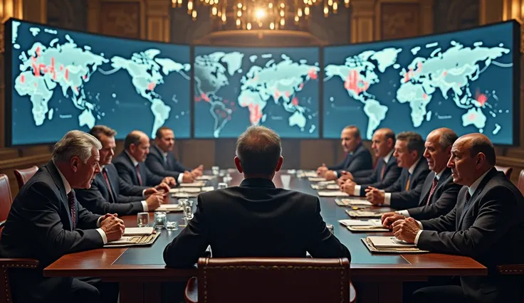 World leaders sitting at a tense political summit, looking frustrated and arguing. Behind them, screens show maps of global conflicts and rising tensions