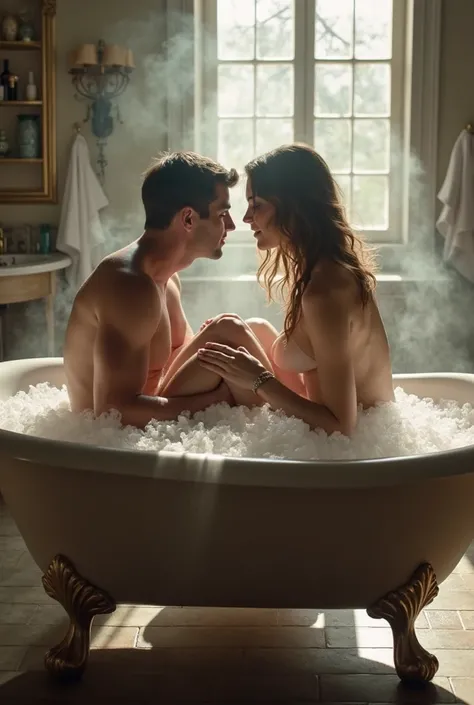 "Scene: A spacious bathroom, a large, claw-foot tub filled with steaming, bubbly water. A man and a woman are seated in the tub, facing each other. The woman is sitting between the man's legs, her back pressed against his chest. Her legs are draped over hi...