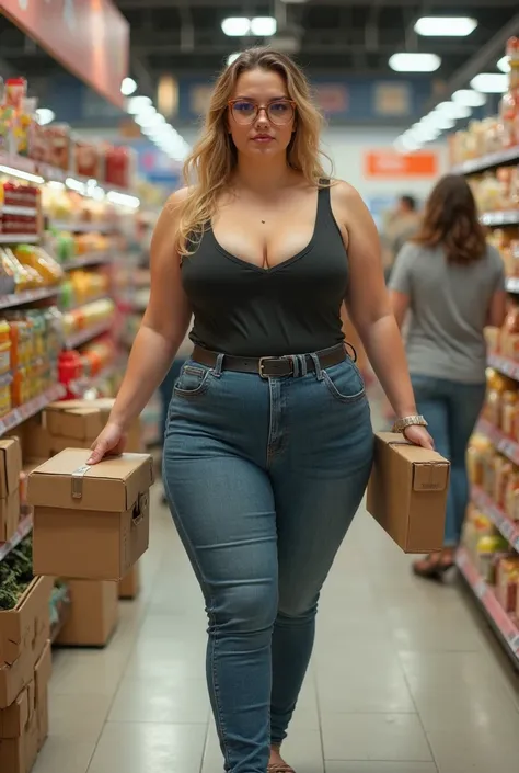 In a crowded supermarket, a massive thighs pawg plus-sized 30-year-old white supermarket worker with glasses, dressed in a low-cut tank top and jeans, brings some boxes seductively