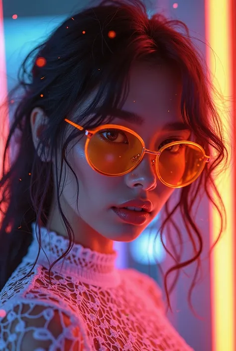 a full body bio limerent woman looking at viewer, Futuristic retro vaporwave, neon woman with long messy wavy hair, wears orange sunglasses, lights densely packed, mimicking the contours and features of a woman's body, bio-luminescent, translucent, cinemat...