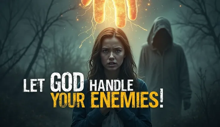 A Highly Polished, powerful, dramatic YouTube thumbnail featuring a distressed woman looking worried, symbolizing struggles with enemies. In the background, a shadowy, menacing figure looms, representing opposition and betrayal. A divine, glowing hand reac...