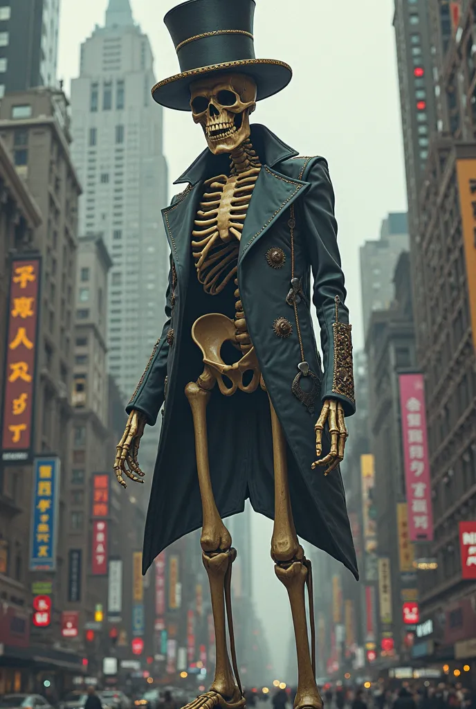 A realistic very very short skeleton with a ginormous tophat and a nyc background