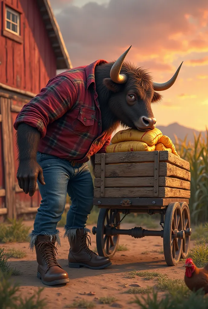 On a rustic farm at dusk, an anthropomorphic oxen with a semi-realistic design is headbutting against a wooden cart of Corn bags. The ox has a muscular and imposing body, with dark brown fur and determined eyes. He wears a red plaid shirt with sleeves fold...