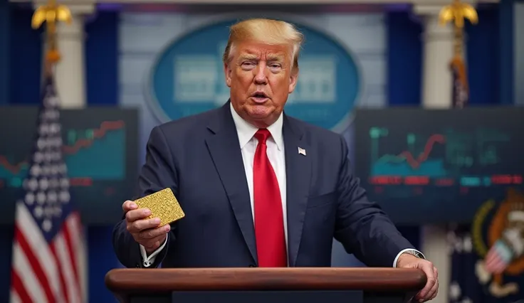 Generate the following image. Donald Trump at a White House press conference, holding a gold card and pointing to charts showing economic growth. Confident and determined expression.