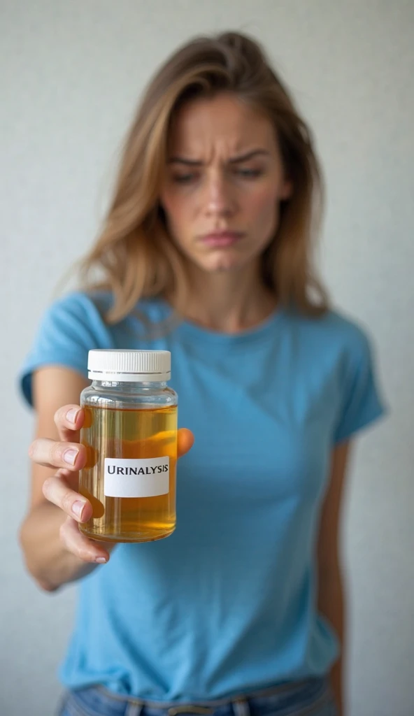  A woman,  with an expression of discomfort , wearing blue t-shirt and jeans , holding a urine test jar in your hand. Inside the jar there is a yellow liquid, indicating that it is the urine for the test. The jar has a white label written on it "URINALYSIS...