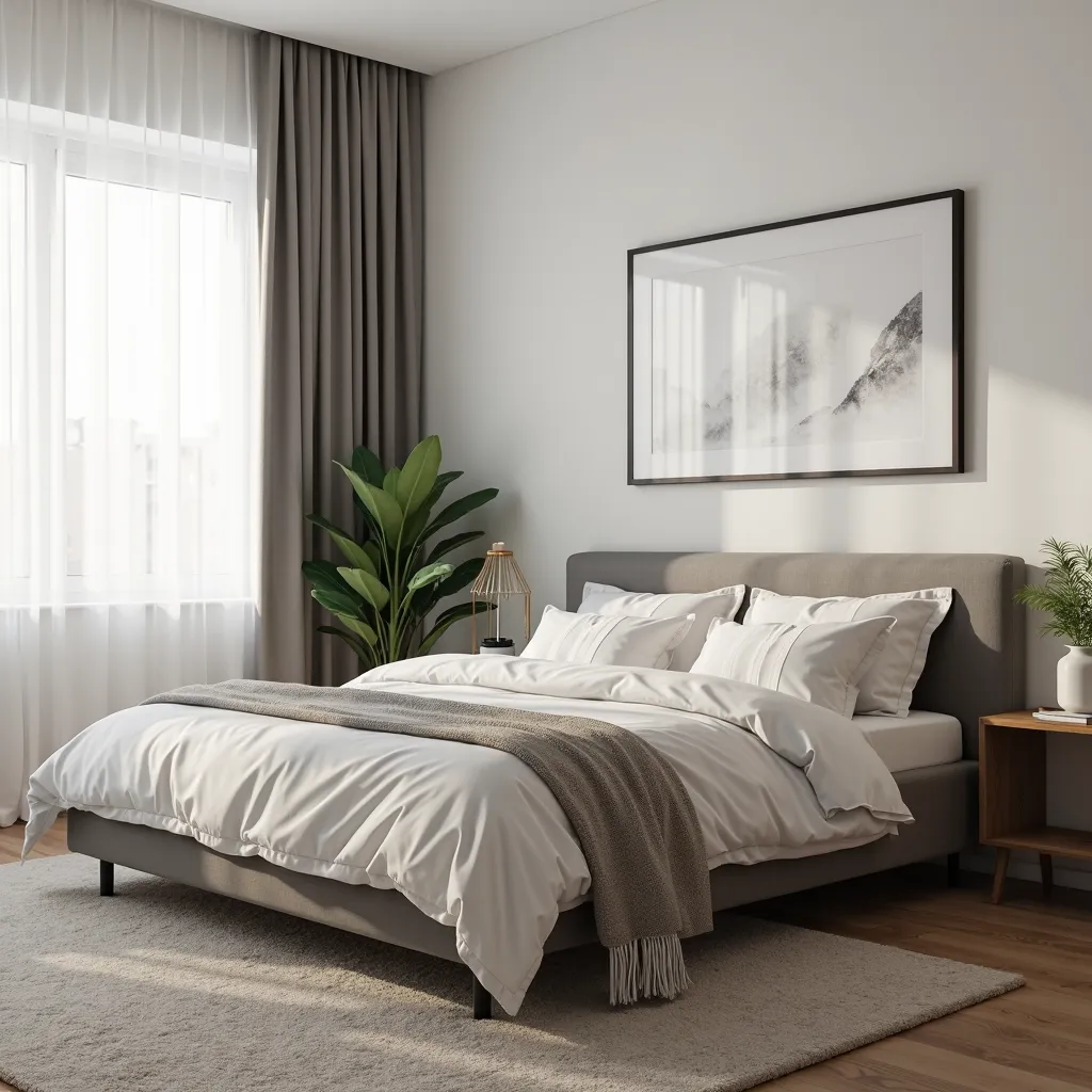 double bed, Modern apartment room. double bed com dois travesseiros. On the left side,  in slightly there is a window with a white curtain,  letting in natural light slightly, on the right, there is a nightstand with a potted plant. There is a simple and m...