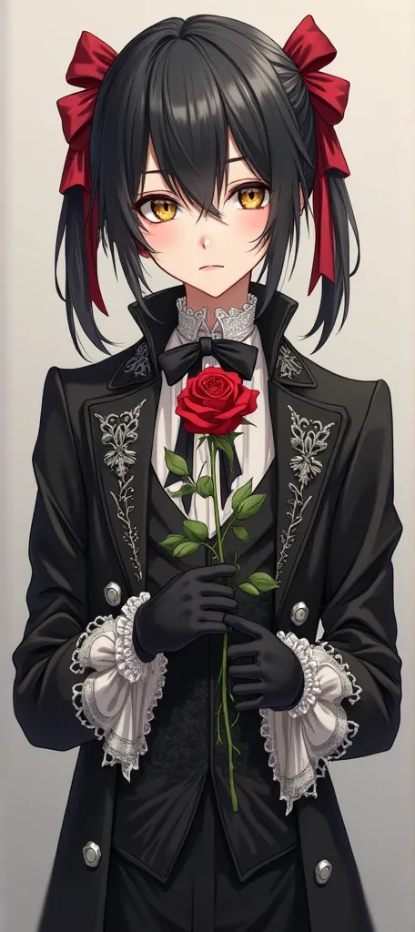 A young boy with a delicate and elegant appearance, dressed in a gothic-inspired black outfit. His long, silky black hair falls just past his shoulders, slightly tousled, with a straight fringe framing his face. Two large red ribbons are symmetrically tied...