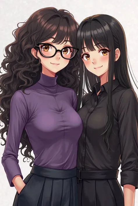 Two Cartoon-style girls, one with long curly black hair , e de brown eyes, wearing glasses and a purple turtleneck blouse. And a girl with long straight hair of black color, brown eyes, in a black blouse