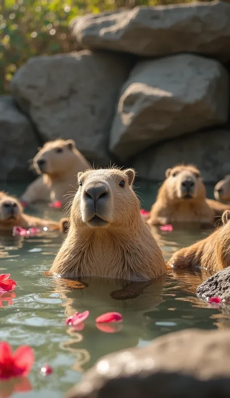 A serene and heartwarming scene of multiple capybaras relaxing in a natural hot spring, surrounded by large rocks. The capybaras, with their light brown fur partially submerged in the warm water, appear calm and content as they soak. Their eyes are half-cl...