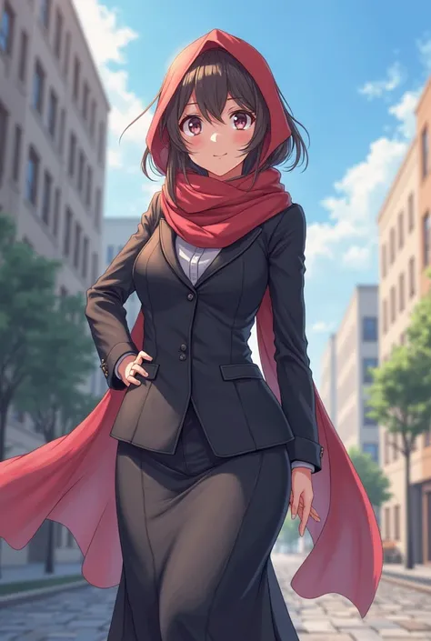 An anime girl with a strong physique and mind. Dressed in a long heroic but formal office looking dress covering the whole body with a scarf covering her head and hair who is about to become an HR for her self-owned company in a beautiful location