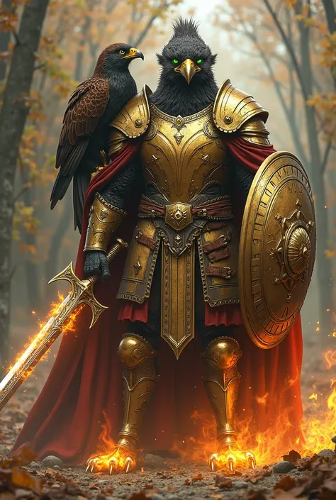 Create full-body image of a partridge in human form ,  with green eyes , with a flaming sword in his right hand and a shield in his left hand , And an eagle on your shoulder and flames on your paws and a golden armor 