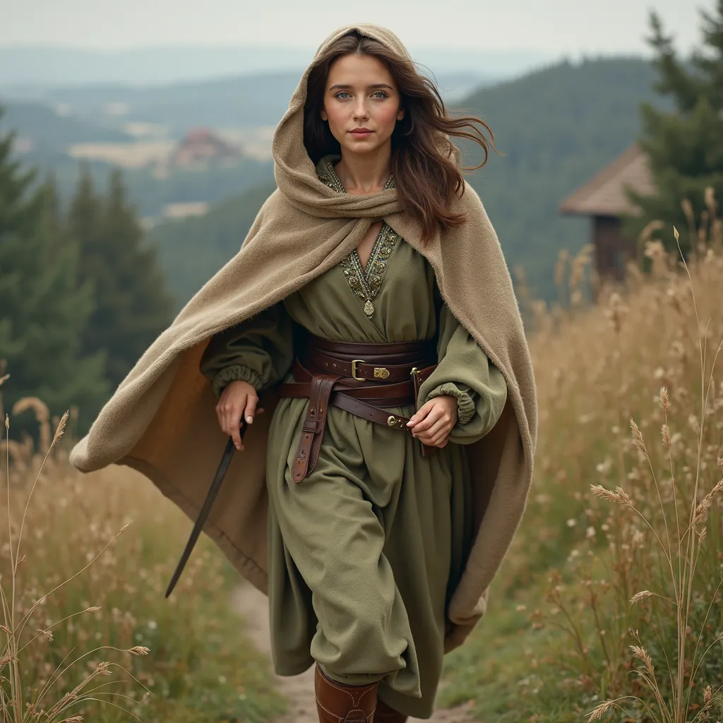 Mirien, a young and charming woman with delicate features, runs up the hill. Her beautiful, straight brown hair peeks out from under a light brown hood, and her slanting bangs frame her round, delicately sculpted face. She has high cheekbones, a smooth for...