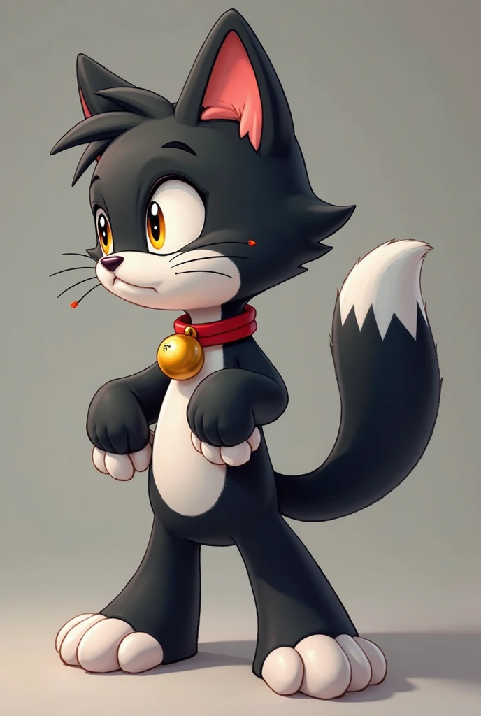 A profile picture of a black and white cat with a bell on its neck in Caartoonian style where up there just|BS stands who has giant paws and stands on two legs the very menschulch looks like kit from Brawl Stars