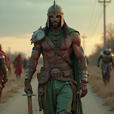 realistic black man, Warrior with his rust-colored dagger walking going to war, wearing green pants, Green cloths pierced between the shoulders, rust-colored helmet, green necklaces, Road background at dusk 