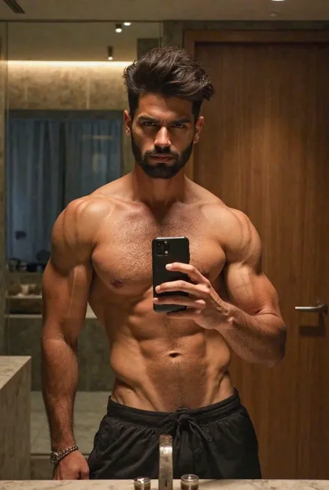 A fit, muscular South Asian male, 34 years old, taking a mirror selfie in a modern bathroom. He has well-defined abs, strong arms, and a toned upper body with a natural touch of body hair. His confident expression is slightly serious, with sharp facial fea...