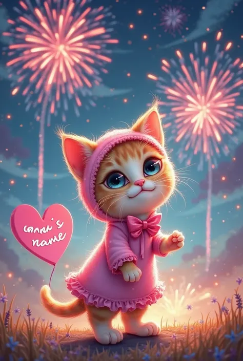 Kitty in pink outfit with a heart that says Emma's name with fireworks at night 