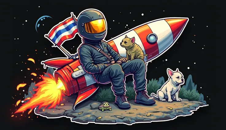  design sticker,  components,
- A boy is lounging on a rocket.
- Wear black racing helmet with gold mirror
- Jacket
- Pit Bull Puppies,  White Kitten, Turtle baby sitting on a rocket
- Thailand flag is mounted on the rocket
- In the back there is a world.,...