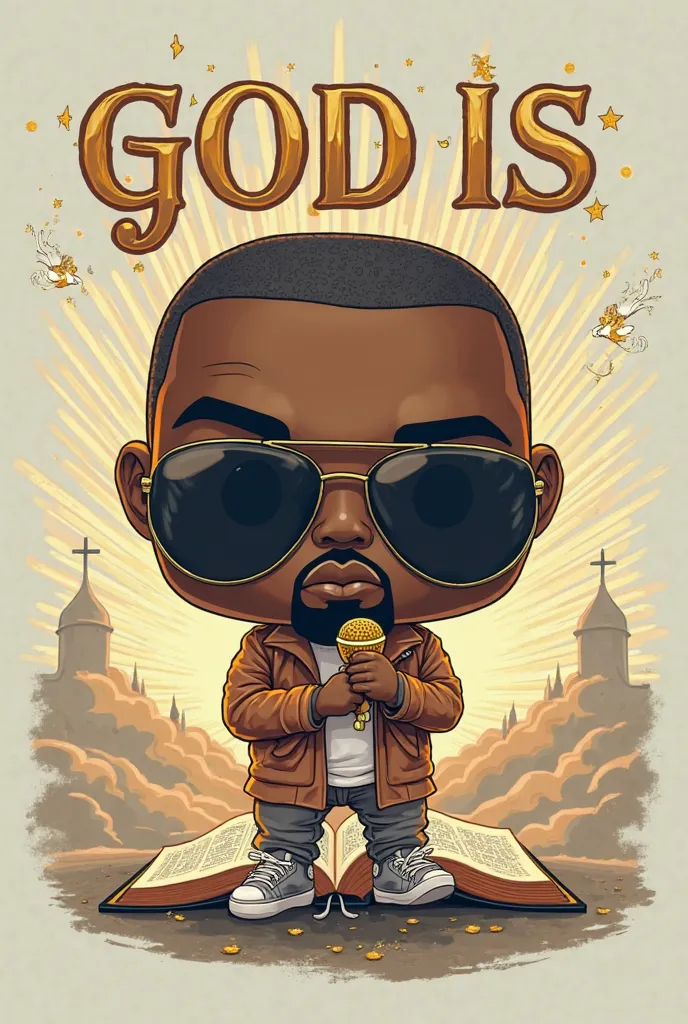 Create a stylized t-shirt design in the Funko Pop format, inspired by Kanye West's song 'God Is'.  The design must include :

A stylized Kanye West Funko Pop,  with her distinctive look  (jaqueta oversized, wearing sunglasses and an introspective look), ho...