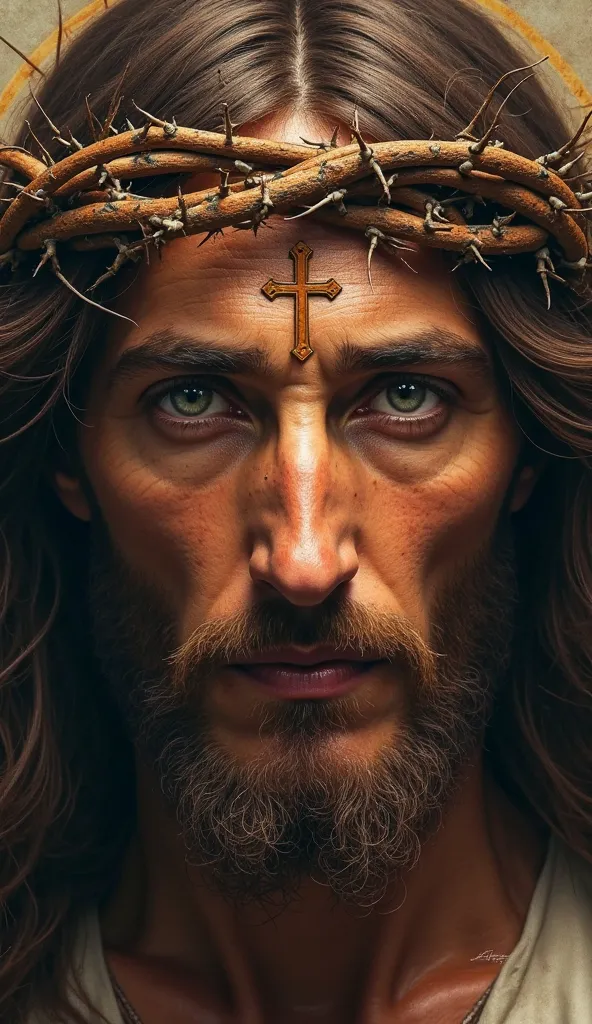 

"A hyper-realistic, detailed portrait of Jesus Christ’s face, adorned with a crown of thorns, with a subtle cross symbol engraved on His forehead. His eyes are a serene, light color, radiating profound peace and unconditional love. His expression is both...