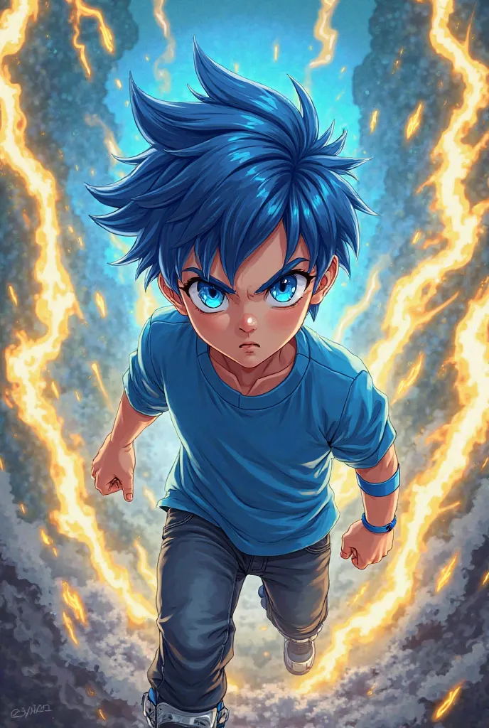 Boy with blue hair blue eyes with yellow lightning blue shirt jeans shiny anime boots 