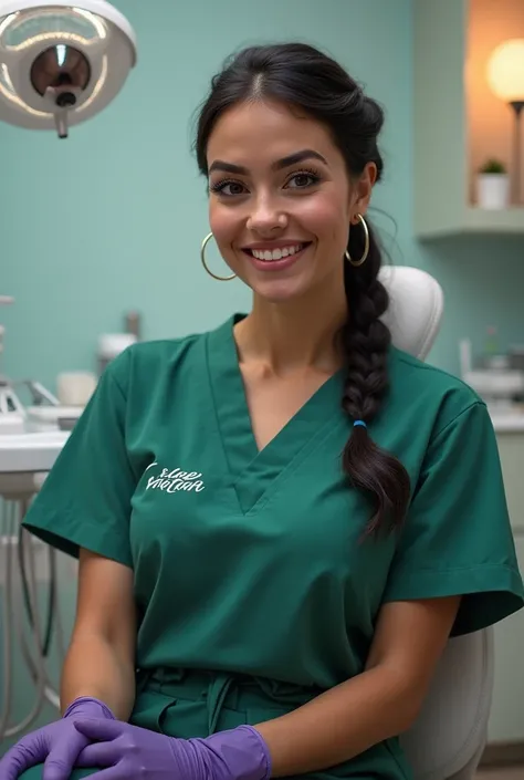 **"A captivating and hyper-realistic portrait of a confident and charming sedation dentist from county wexford, ireland. She is elegantly seated on a modern dental chair, her striking facial features and tall, curvy physique accentuated by form-fitting, lo...