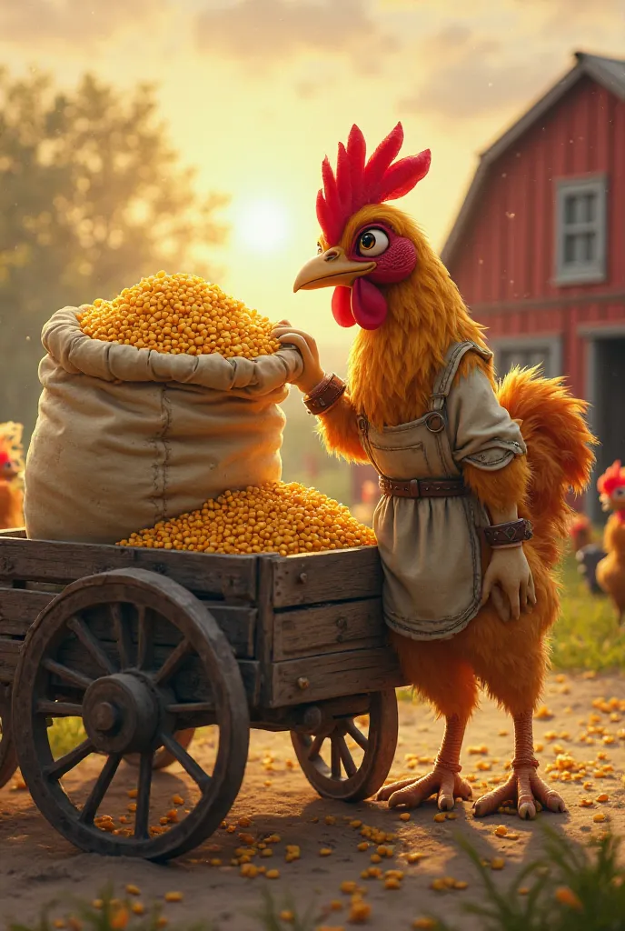 **"On a farm at dawn, an anthropomorphic chicken with a low humanoid body is pecking a sack of corn on the top of an aged wooden wagon. The chicken has a coat of golden and red feathers, x} with a vibrant red crest on the top of her head. Your eyes are cur...