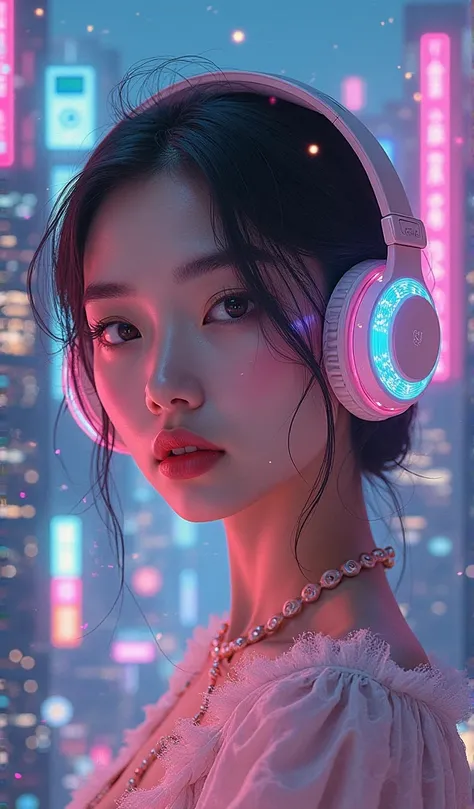 Asian model wearing headphones, City Scene, intricate details, Beautiful Pastel Headphones, Poster background, Art by Conrad Roset and Ilya Kuvshinov