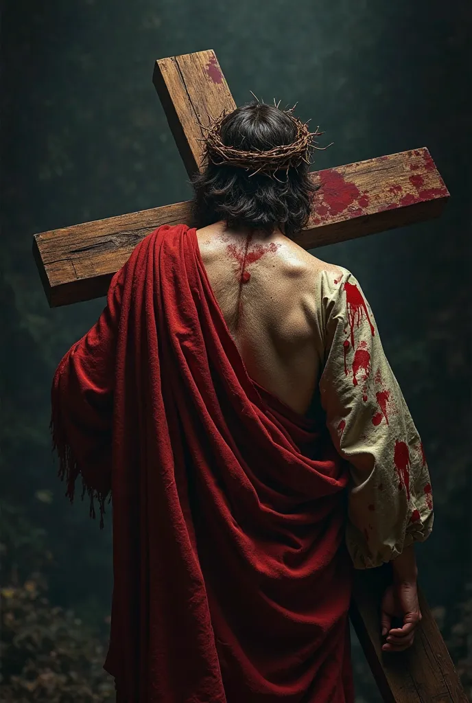 detailed portrait of jesus from the back, wearing a bloodied robe, carrying a heavy wooden cross, pained expression, thorns on head, dramatic lighting, moody dark background, cinematic, epic scale, 4k, photorealistic, masterpiece, chiaroscuro, dramatic sha...