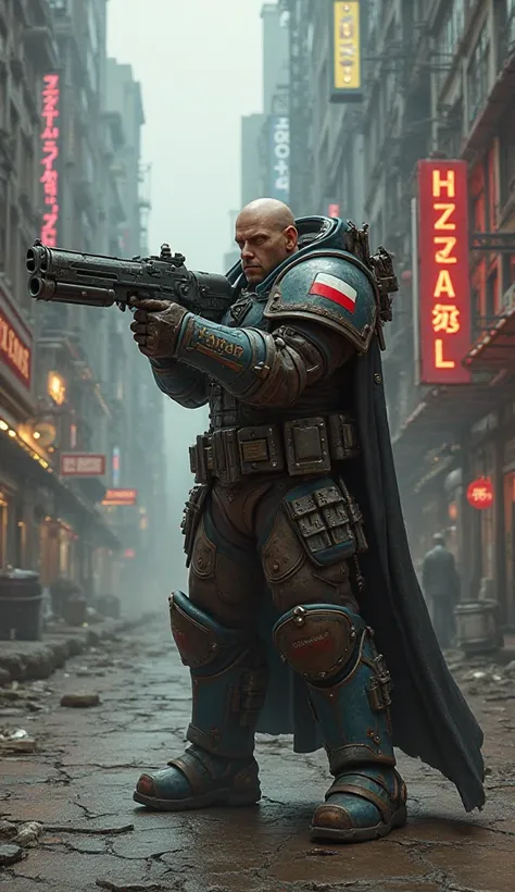 ((Hyperrealistic)) Polish Astarte Kapitan aiming a "pistol boltgun" on the futuristic street from the warhammer40k universe. He has a polish flag patch on his arm and no helmet on his head.