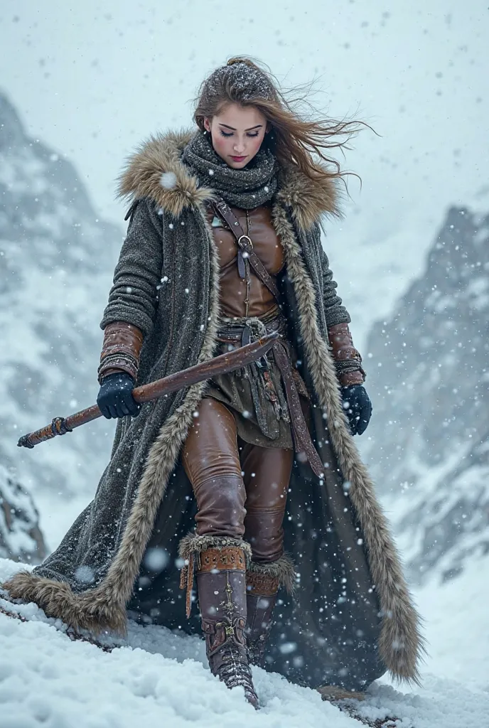  At the top of a snowy mountain , se encuentra una nórdica de caza en  the mountain ,  the mountain ,  in the middle of a snow storm . Her clothing is composed of thick and resistant leathers, with details that reflect the beauty and strength of the mounta...