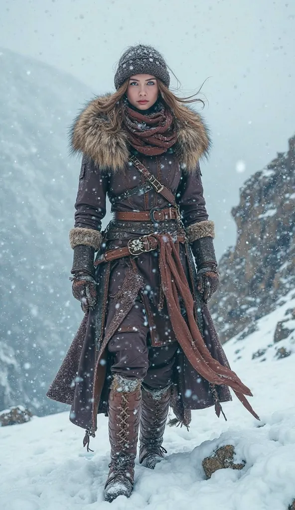  At the top of a snowy mountain , se encuentra una nórdica de caza en  the mountain ,  the mountain ,  in the middle of a snow storm . Her clothing is composed of thick and resistant leathers, with details that reflect the beauty and strength of the mounta...