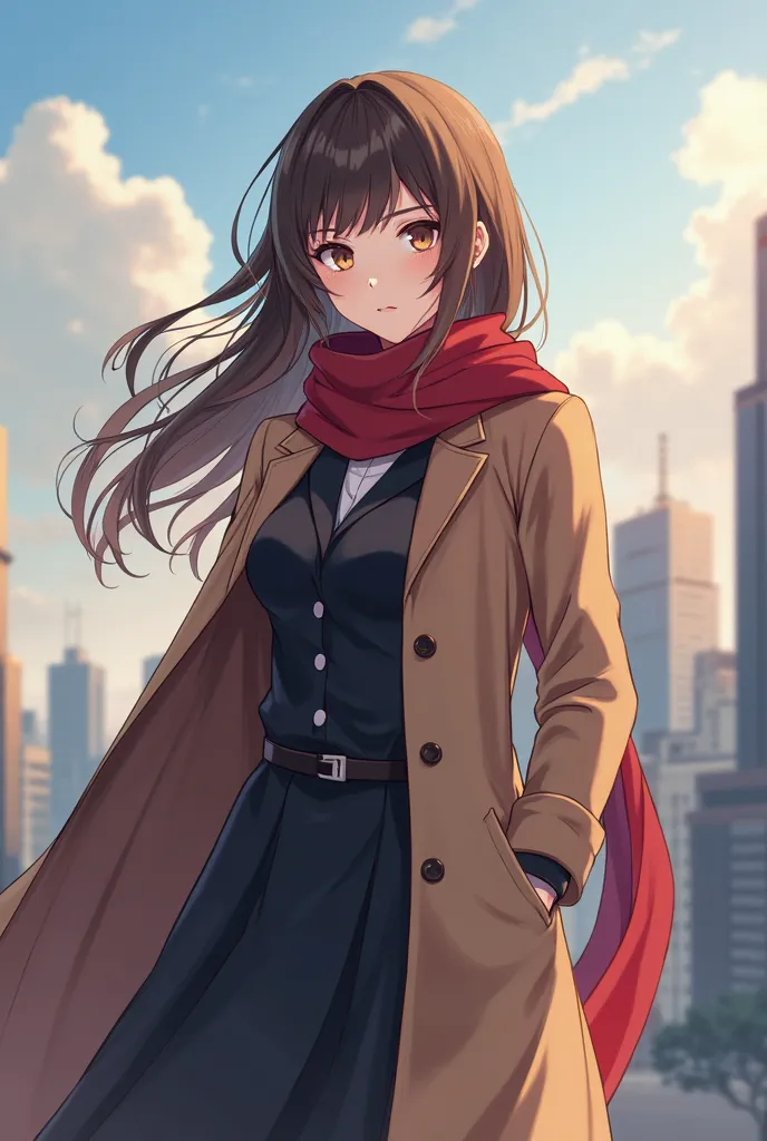 An anime girl with a strong physique and mind. Dressed in a long coat heroic but formal office looking dress covering the whole body with a scarf covering her head and hair who is about to become an HR for her self-owned company in a beautiful location