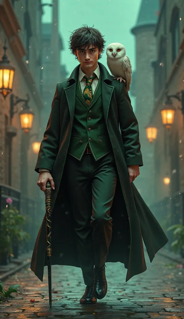 Harry Potter, now a mob kingpin, with his untidy hair, but wearing an elegant suit in black and green, with a silk tie printed with golden lions. He is walking and wears polished black leather boots, holding a power staff, with silver and emerald details. ...