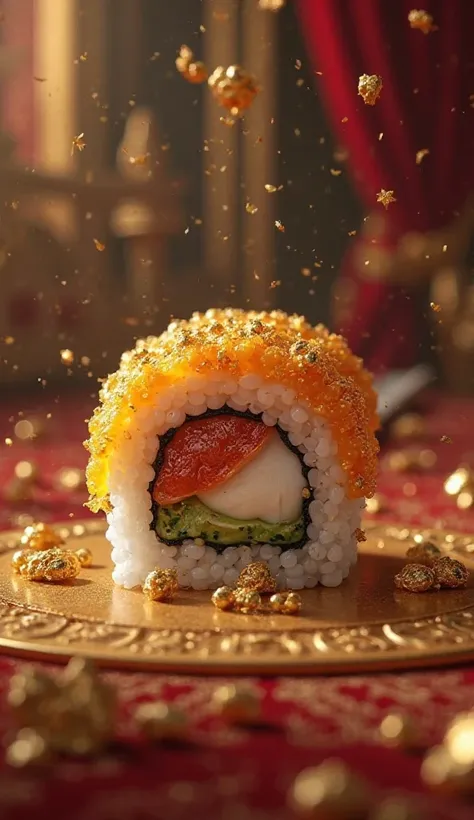 A close-up of a golden maki falling on the king's court. I want a color to suggest a great moment 