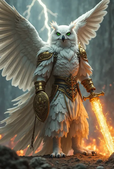 Create full-body image of a human-shaped white owl ,  with green eyes , with a flaming sword in his right hand and a shield in his left hand , And an eagle on your shoulder and flames on your paws and a golden armor , lightning in the background 